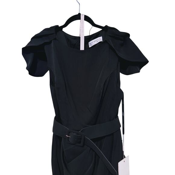 NWT Mac Duggal Black Crepe Belted Tulip Sleeve Midi Dress 8 Quiet Luxury Career - Picture 7 of 13
